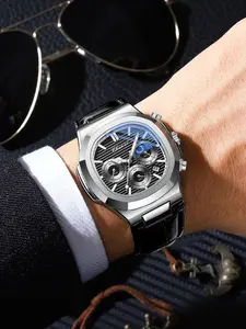 Men's Luxury Moon Phase Quartz Watch, Fashionable Calendar Multifunctional Wristwatch, Casual Round Striped Design, All Seasons
