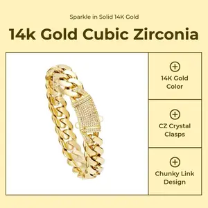 Diamond Miami Cuban Jewelry Set Solid 14K Gold Curb Bracelet & Necklace Kit 6-14mm CZ Crystal Clasps 7.5-30" Mens Hip Hop Sparkling Chunky Link Accessory Set