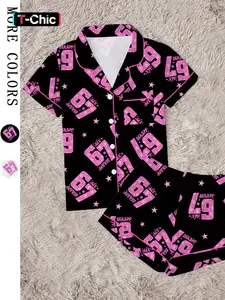 67 six seven Women's Comfortable Cute Elastic Sleepwear Loungewear Set, Spring Lapel Shirt and Pants Two-Piece, Short Sleeve Shorts, Party Wear