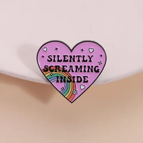 Silently Screaming Rainbow Heart Shaped Alloy Brooch Pin, Cute Mental Health Awareness Lapel Pin Badge, Emblem Badge Decoration, Fashion Accessories for Women & Men, Love, Emblem Logo Badge