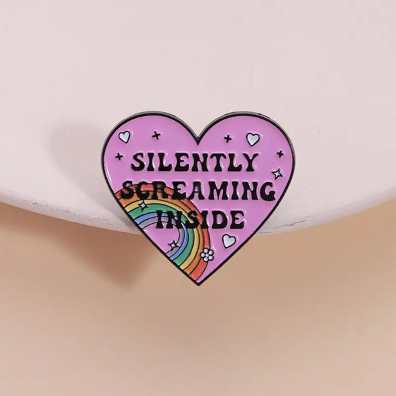 Silently Screaming Rainbow Heart Shaped Alloy Brooch Pin, Cute Mental Health Awareness Lapel Pin Badge, Emblem Badge Decoration, Fashion Accessories for Women & Men, Love, Emblem Logo Badge