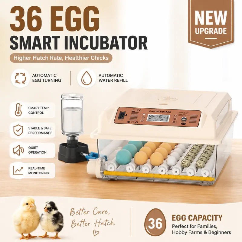 Compact High Hatch Rate Automatic Hobby Backyard Poultry Incubator - 16/36 Capacity, Auto-Turning Turner, Auto Water Fill & Humidity Control, Ideal for Chickens, Ducks