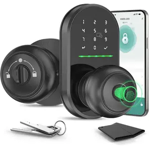 Door Knob with Keypad,5-in-1 Biometric Fingerprint Door Lock,Keyless Entry Door Lock for Bedroom Office Apartment,App Control,Auto Lock,Fits Standard Doors,Dark Black