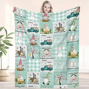 Spring Themed Flannel Fleece Throw Blanket with Digital Print Rabbits and Spring Motifs Soft Lightweight Perfect Gift for Bunny Enthusiasts