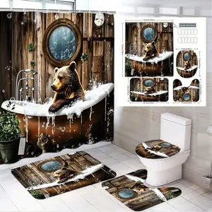4pcs Whimsical Bear in Vintage Bathtub Bathroom Set, Cozy Cabin Aesthetic Shower Curtain with Rustic Wooden Wall and Snow; Matching Bath Mats and Toilet Seat Cover for a Cozy Seasonal Retreat