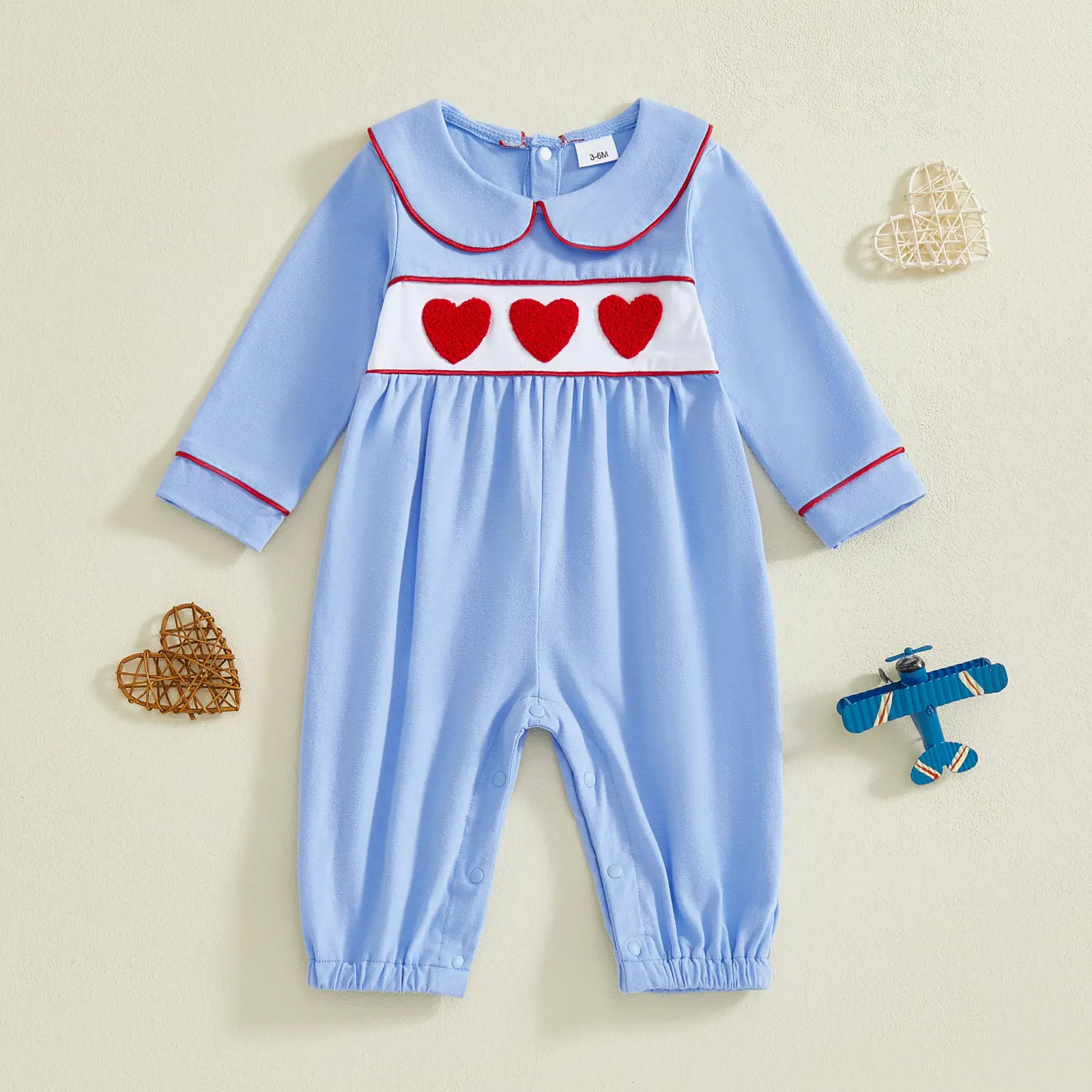 Infant Baby Boy Valentine's Day Long-Sleeve Doll Collar Heart Embroidery Cute Spring Romper Jumpsuit, Baby Items for 0-18 Months