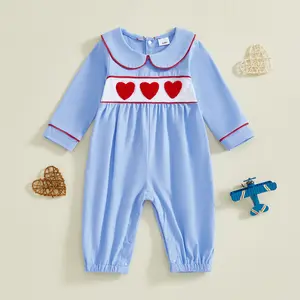 Infant Baby Boy Valentine's Day Rompers Long Sleeve Doll Collar Heart Embroidery Cute Spring Jumpsuit 0-18 Months