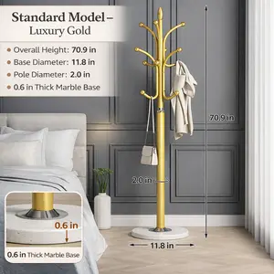 12 Hook Freestanding Coat Rack, Heavy Duty Metal Coat Tree with Marble Base, Clothes Stand for Entryway, Bedroom, Living Room