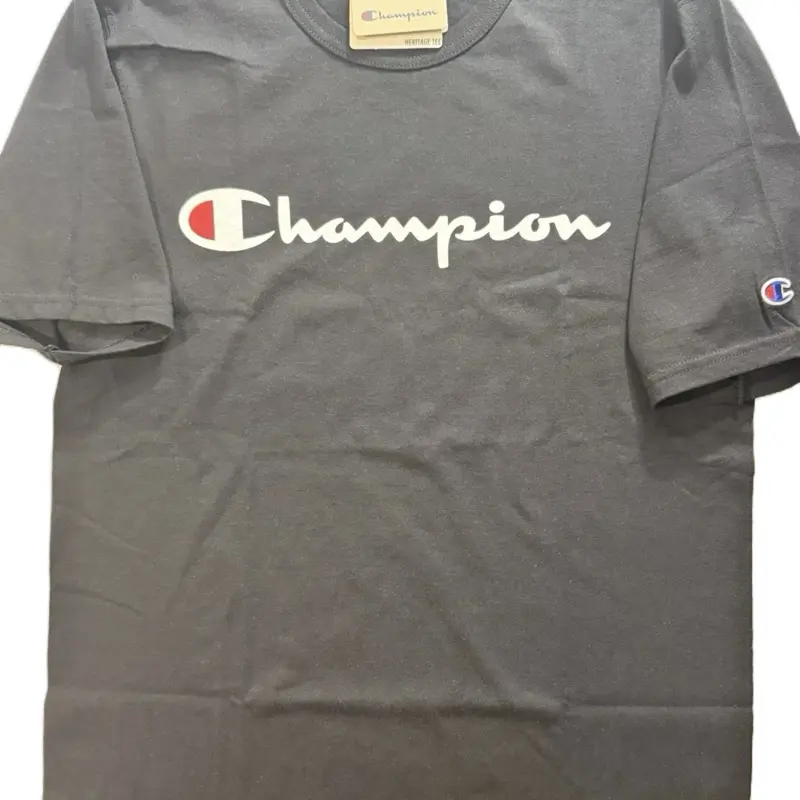 Champion Men’s Heritage Crew Neck Short-Sleeve Cotton Jersey Tee, Black Logo, Size M
