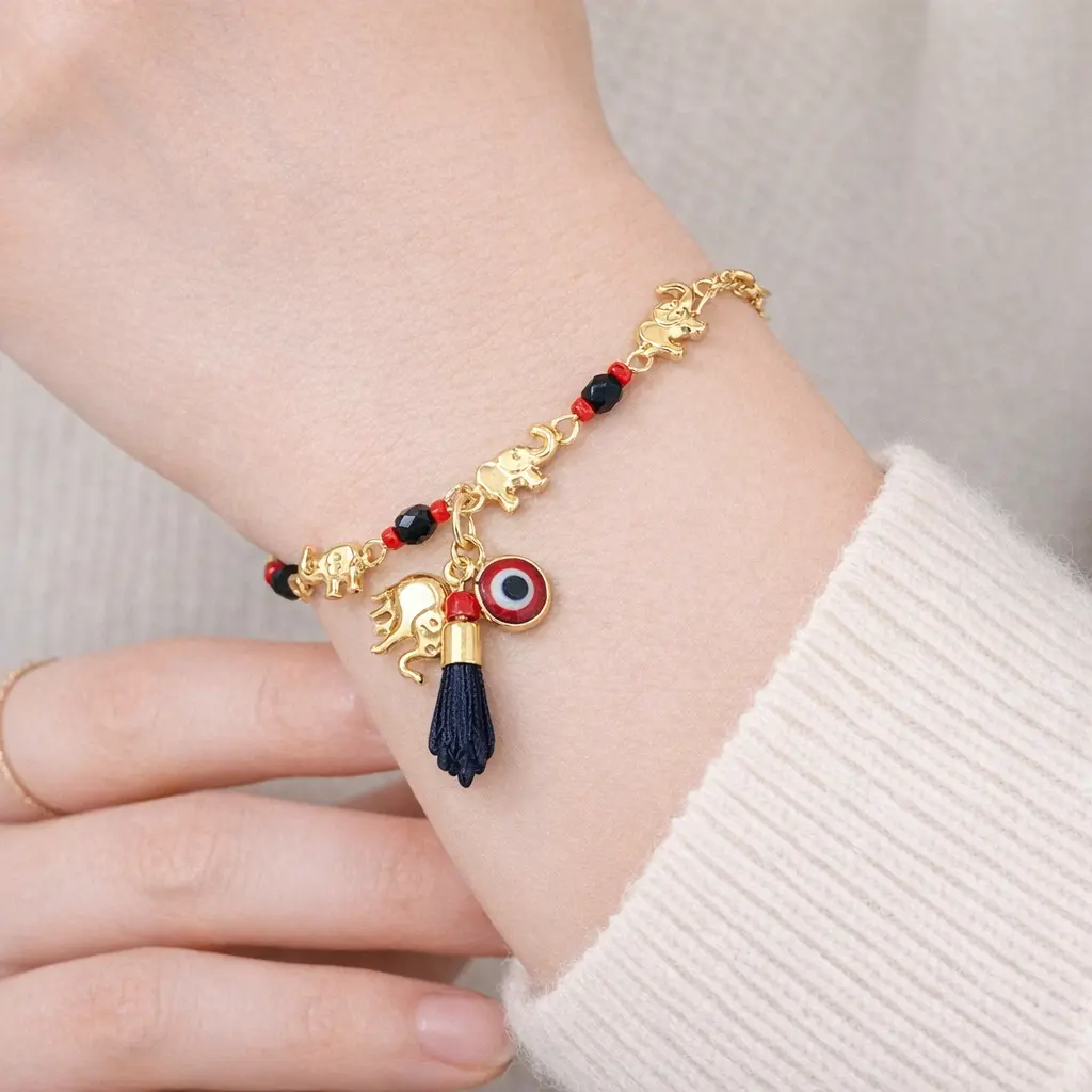 Elephant Evil Eye Bracelets Boho Style Anklet for Women Adjustable Hypoallergenic Bracelets Gold Plated Finger Cross Bracelets Gift for Wife Grilfrend Dauthter Bestie