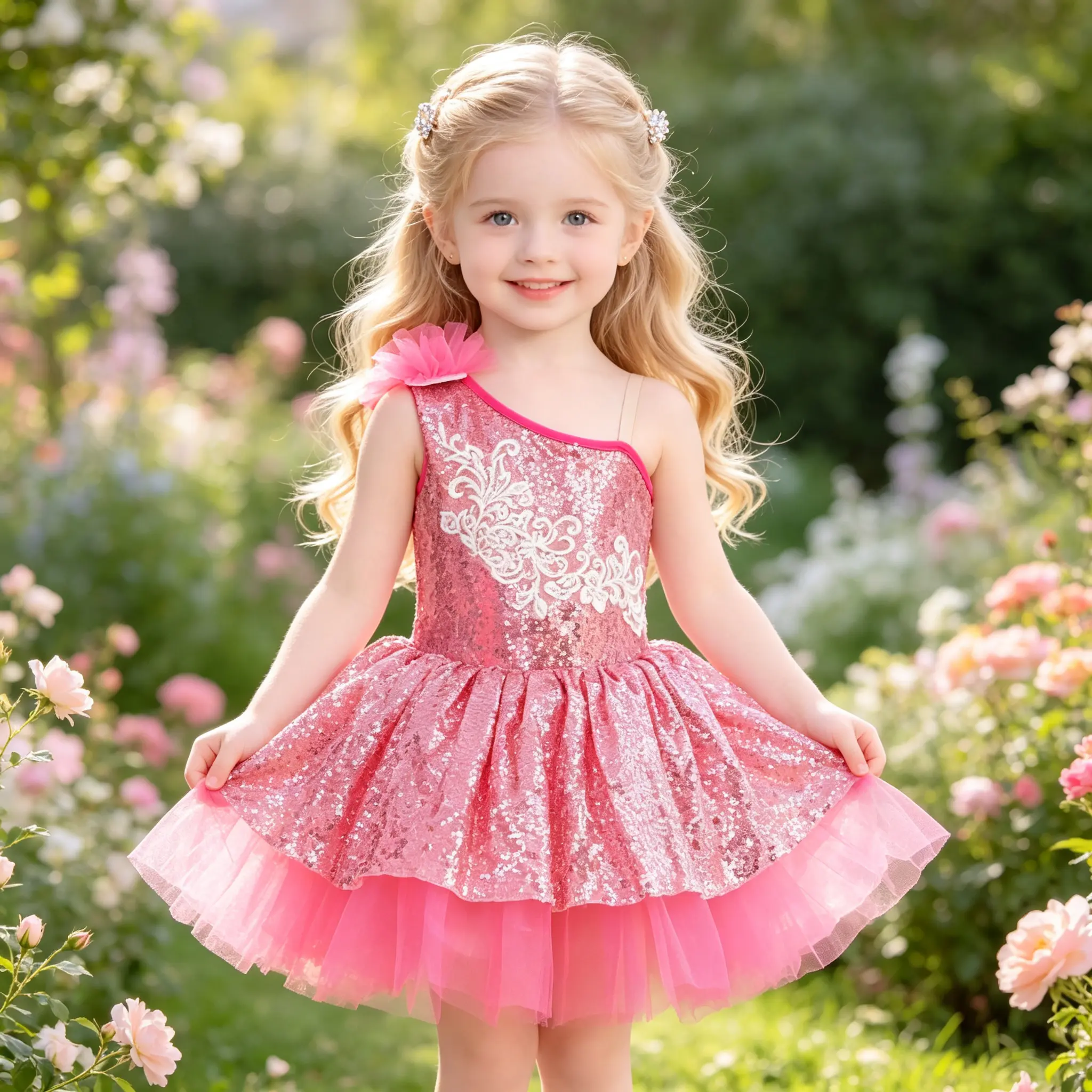 Girls' Pink Sequin 1-Shoulder Nylon Ballet Tutu Dress, Floral Lace Princess Costume, All-Seasons Sparkly Outfit for Dance Recitals, Parties