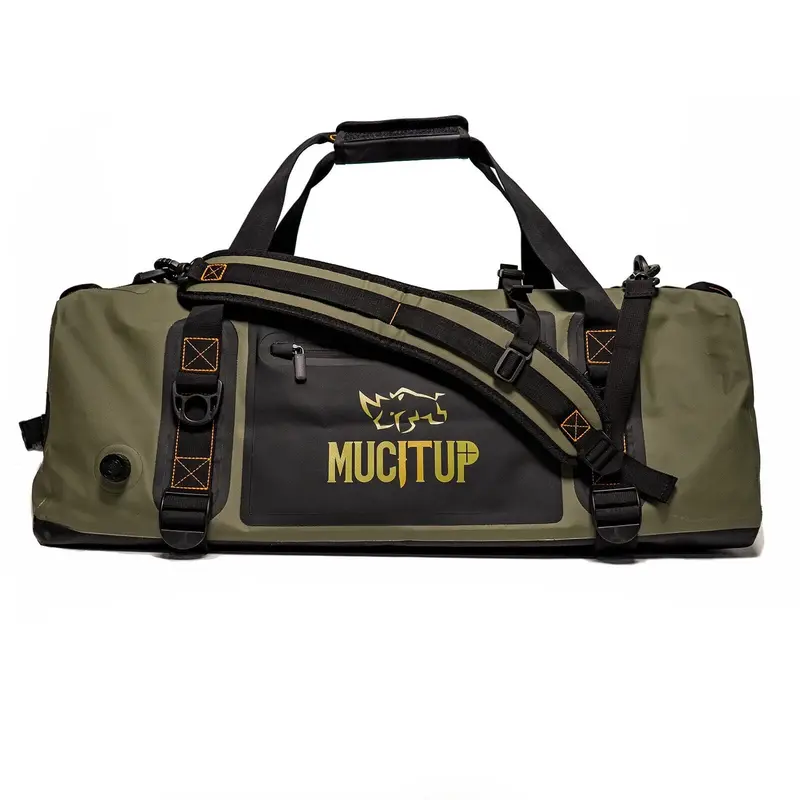 MUCITUP MUCSAC Waterproof 500D Duffle Bag (40L/60L) with Backpack Straps, 500D PVC Tarpaulin (0.5mm), Double Stitched Seams, Air-Tight Seal, Bleeder Valve, Compression Straps, Quick-Access External Pocket, Buoyancy for Camping, Motorcycle Touring