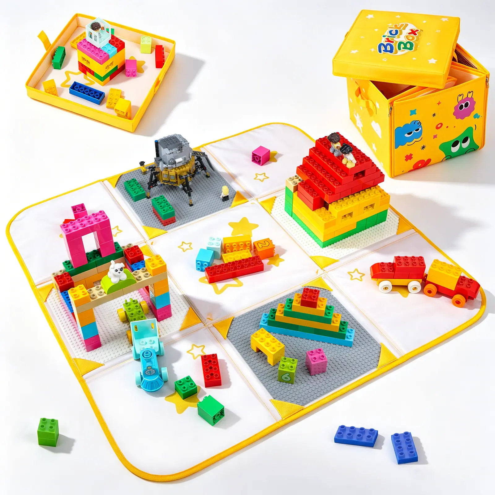 2-in-1 Building Block Play Mat & Toy Storage Bag, Includes 4pcs 10x10" Baseplates Compatible with Lego Building Blocks, Zip-Close Foldable Bag for Kids Room & Travel