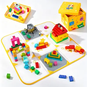 2-in-1 Building Block Play Mat & Toy Storage Bag, Includes 4pcs 10x10" Baseplates Compatible with Lego Building Blocks, Zip-Close Foldable Bag for Kids Room & Travel