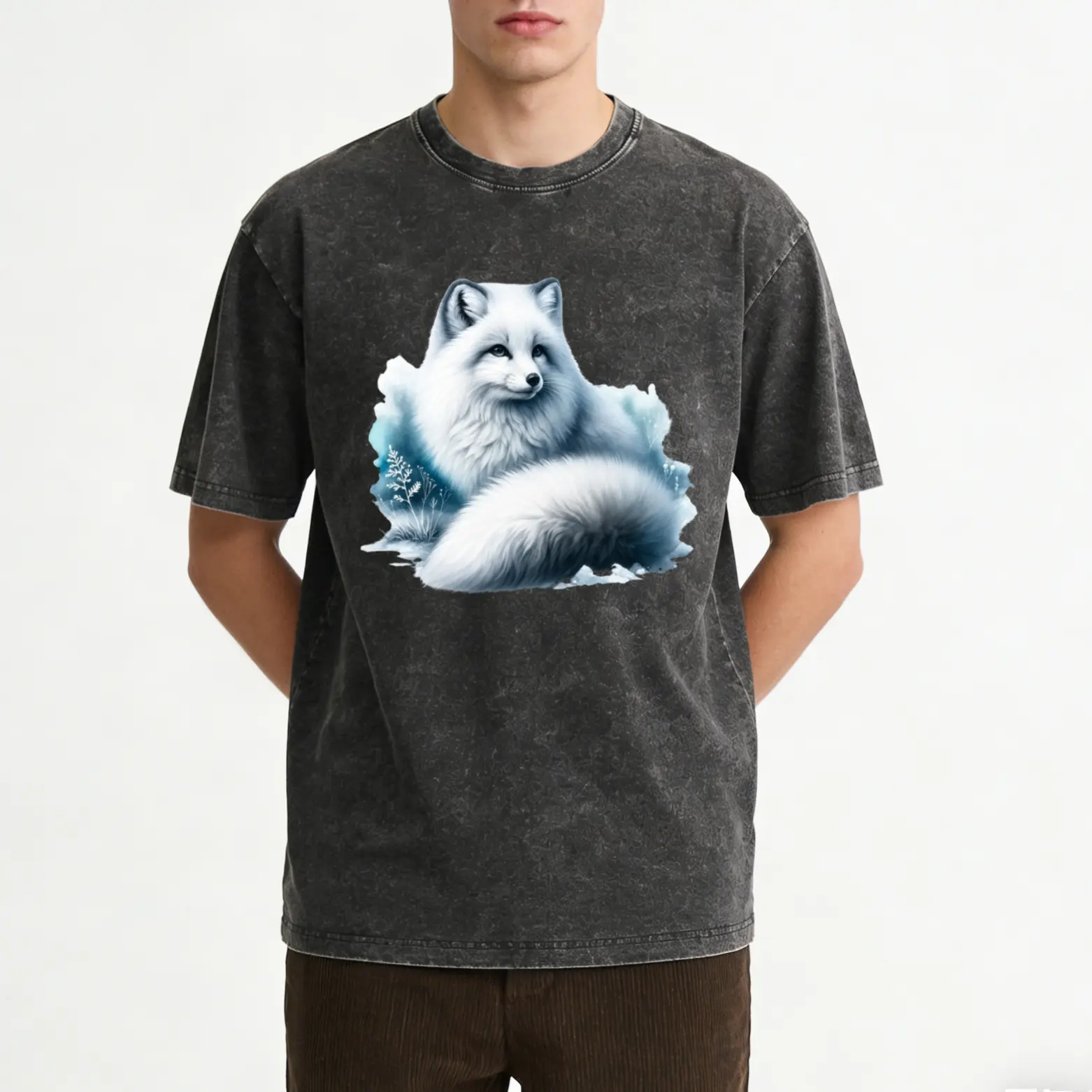 Men's Arctic Fox Illustration Streetwear T-Shirt - Soft Blue Prints, Short-Sleeve Apparel Top