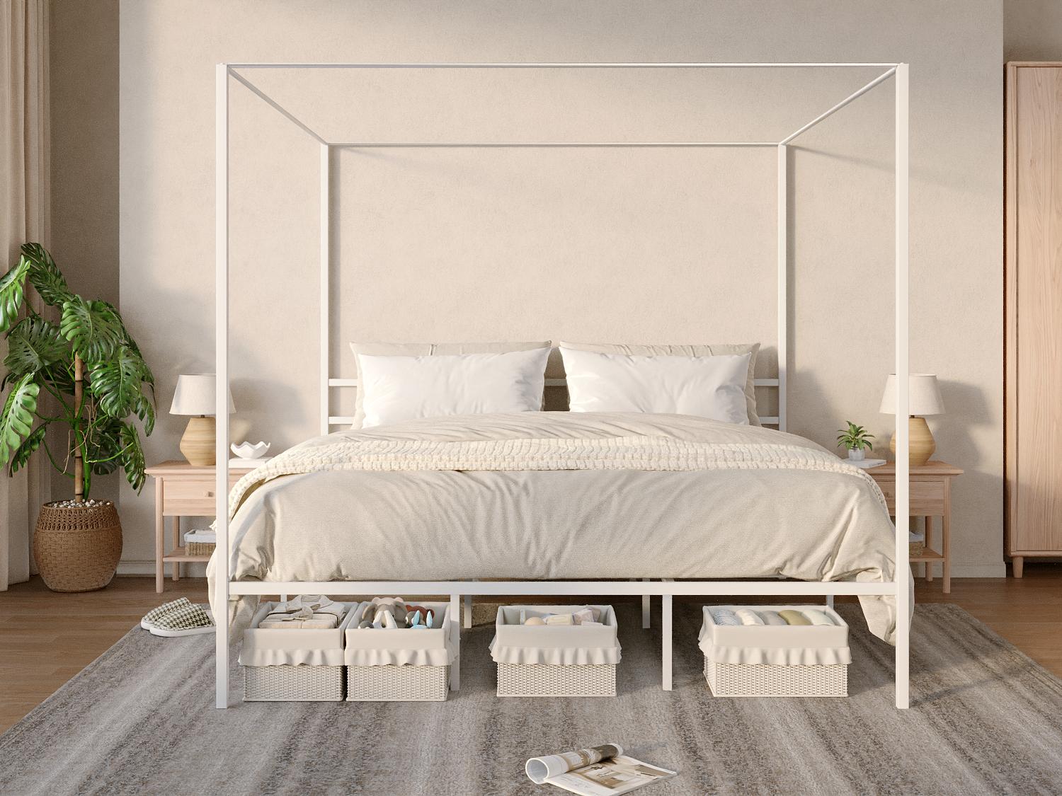 YITAHOME Canopy Bed Frame Metal Four Posters 14 Inch Platform with Built-in Headboard Strong Metal Slat Mattress Support, No Box Spring Needed