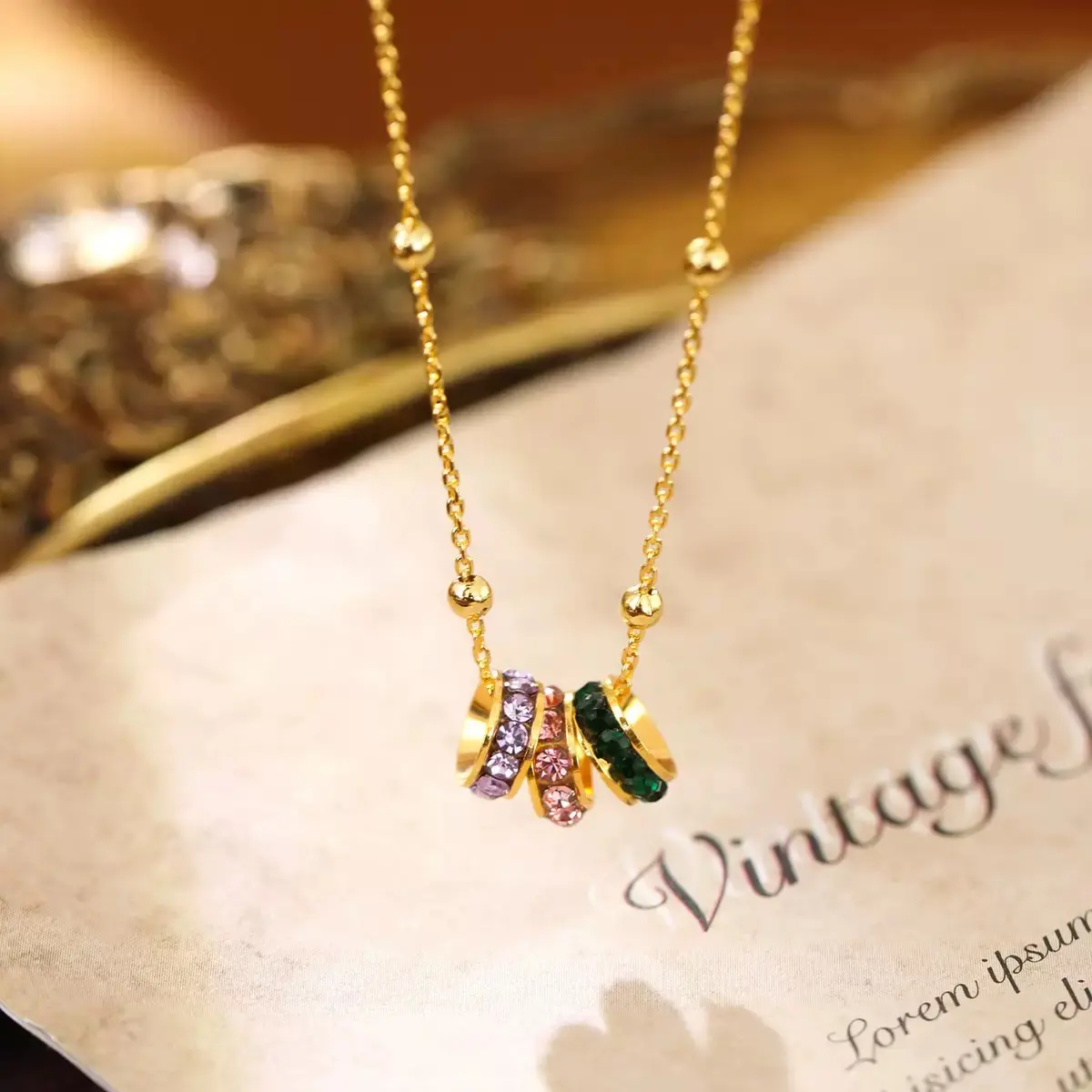 Vintage Multi-Tone Pave Crystal Gold Necklace
