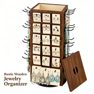 1 x 360° rotating wooden jewelry display stand with an earring rack featuring 48 hooks, a top storage box, and a necklace and bracelet display stand with a jewelry tower—ideal for both retail and home use