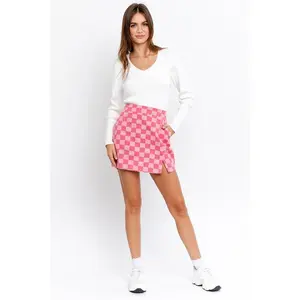 Checkerboard Print Slit Mini Skirt