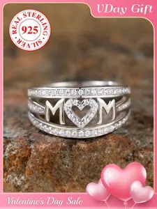 S925 Sterling Silver Fashion Mom Letter Design Ring with Box, Rhinestone Decorated Tiered Layered Ring for Women, Trendy All-match & Exquisite Jewelry for Birthday Gift, Heart Cluster Ring
