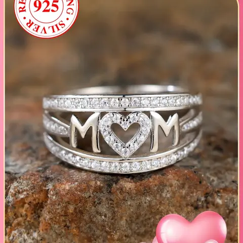 S925 Sterling Silver Fashion Mom Letter Design Ring with Box, Rhinestone Decorated Tiered Layered Ring for Women, Elegant Casual Ring, Trendy All-match & Exquisite Jewelry for Birthday Gift