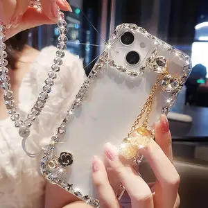 Transparent Phone Case for 16, 15, 14, 13, 12 17 Air Pro Max Plus with Bow Chain, Camera Lens Frame & Glitter Diamonds Luxury
