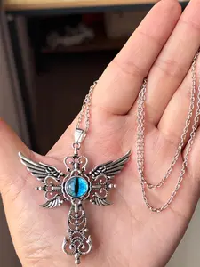 Mystical Blue Eye and Angel Wings Cross Necklace, Casual Geometric Alloy Jewelry, Perfect Accessory for All Seasons, Jewelry Gift, Modern Versatile Accessories