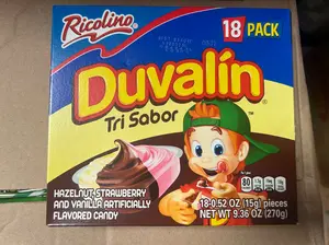 Duvalin tri sabor de ricolino, 18 piezas sabor fresa, avellana,vainilla