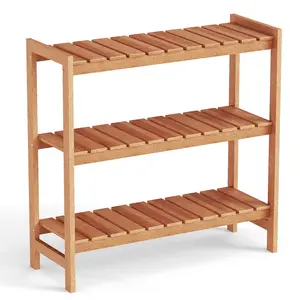 COSTWAY - 3-Tier Solid Wood Plant Stand with Slatted Shelves