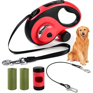 Heavy Duty 26Ft Retractable Dog Leash for Large Dogs up to 110Lbs, Chew Proof Cable, LED Light, Poop Bag Dispenser & 2 Bags, 360° Tangle-Free, One Button Brake & Lock, Ideal for Outdoor Adventures (Red) ODRIEW