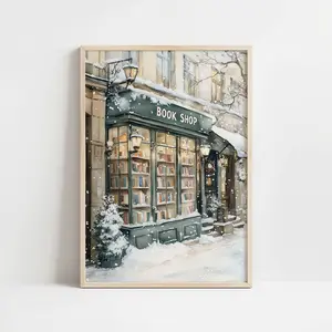 Winter Book Shop New York Wall Art, Reading Nook Print, Bookish Christmas Decor, Book Lover Gift .Poster Xmas Wall Decor - No Frame