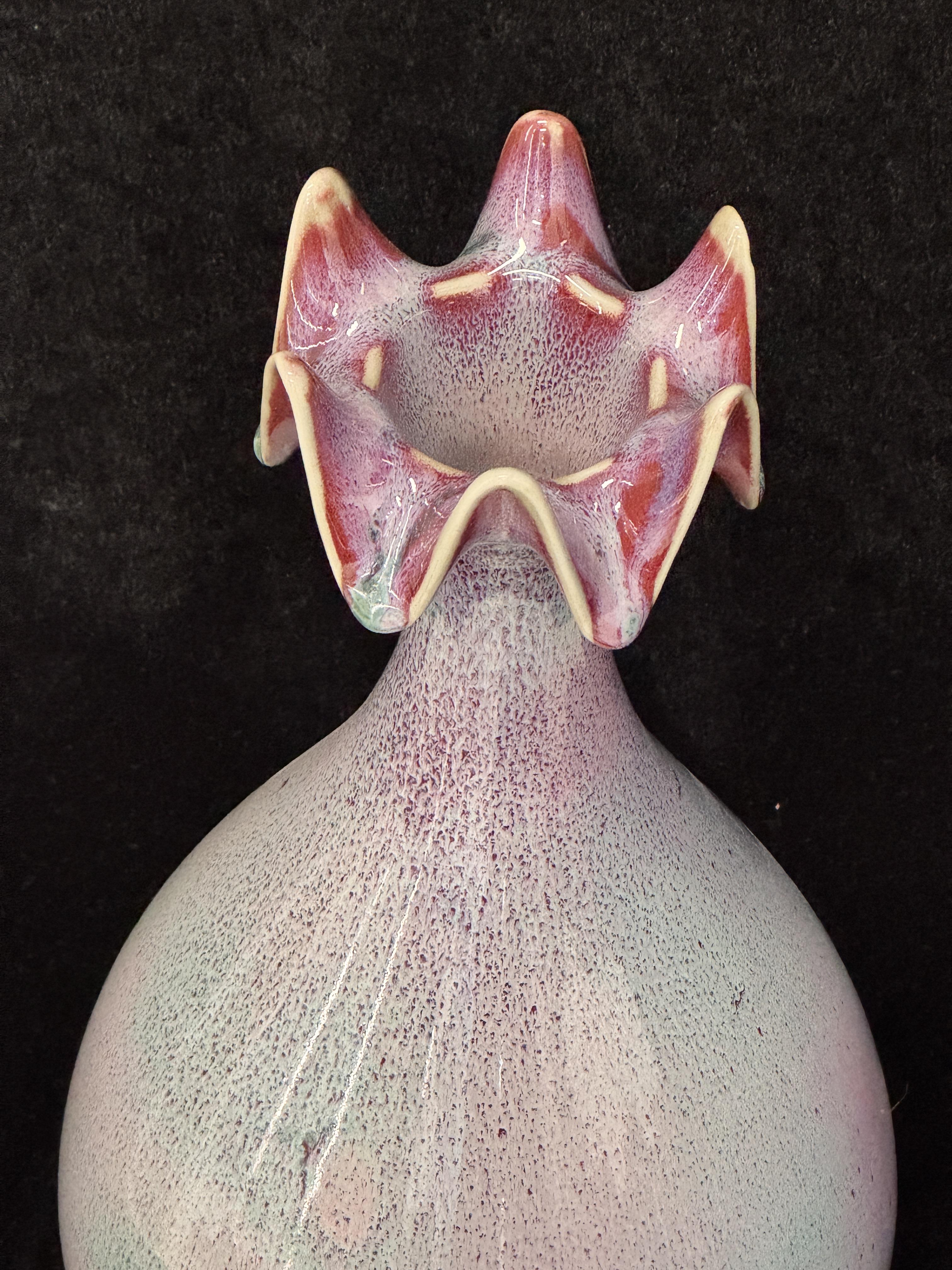 Handmade Chinese Jun Porcelain Vase with Ruffled Flower Top, Vintage Pink-Green Kiln-Fired Glaze Ceramic Vase, Unique Asian Art Home Decor