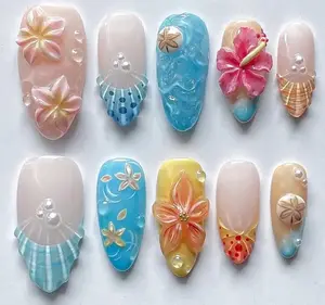 3D Floral Seashell Long Almond Press On Nails – Ocean Wave & Beachy Vibes, Summer-Inspired Custom Nail Art for Vacation Holidays Satamiis