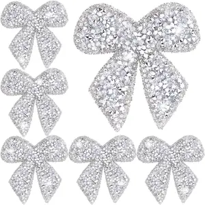 6pcs Bow Rhinestone Patches Glitter Bowknot Applique Self-Adhesive Repair Bow Clothing Patches for Jackets Hats Bags Jeans Shoes Silver