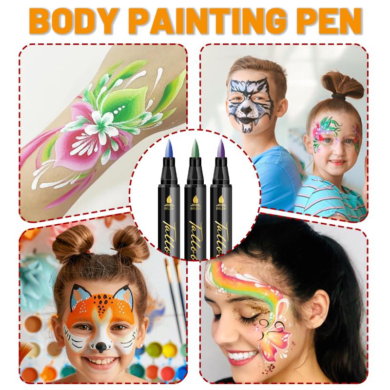 10-Color Washable Tattoo Marker Pens for Kids and Adults, Body&Face Art Drawing Kit with Tattoo Stencils,Skin-Safe Non-Toxic Temporary Tattoos for Kids Adults, Flexible Brush Tip,Bright colors,Cosmetic Quality for DIY Designs, Party Makeup, Christmas gift