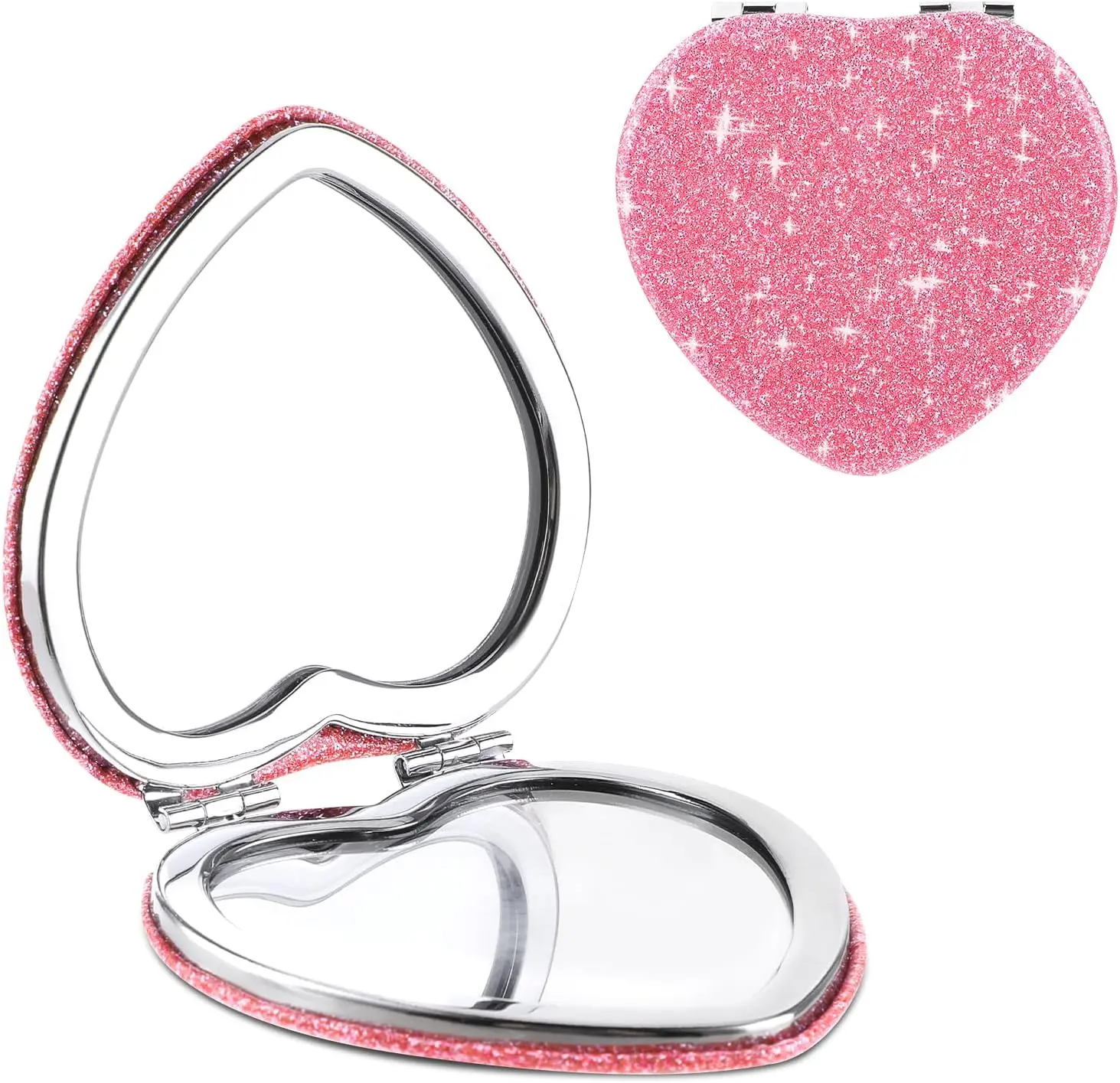 Compact Folding Mirror Heart Shaped Magnifying Mini Vanity Mirror Portable Travel Makeup Mirror for Purse Double-Sided Cute Glitter Cosmetic Mirror for Women Home Office Valentine's Day