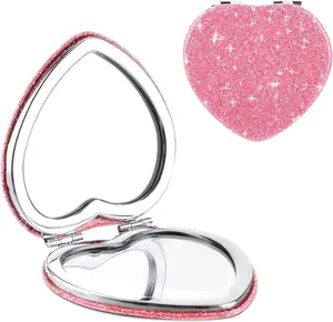 Compact Folding Mirror Heart Shaped Magnifying Mini Vanity Mirror Portable Travel Makeup Mirror for Purse Double-Sided Cute Glitter Cosmetic Mirror for Women Home Office Valentine's Day