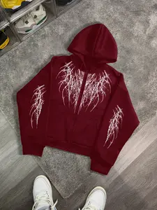 Hip Hop Street Fashion Dark Thorn Print Hoodie, Streetwear Loose Fit Couples' Zipper Sweatshirt Jacket, Spring & Fall Wear