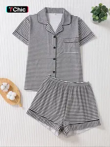 Women's Striped Print Pajama Two-piece Set, Casual Comfy Short Sleeve Top & Elastic Waist Shorts Set, Ladies Sleepwear & Loungewear for All Seasons