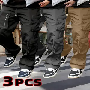 Three-Pack Men's Loose Fit Cargo Pants | Multiple Pockets - Solid Color, Relaxed Cut, Polyester Fabric, Straight Leg with Drawstring Waist Design for Sporty Casual Style Cargo Pants Men