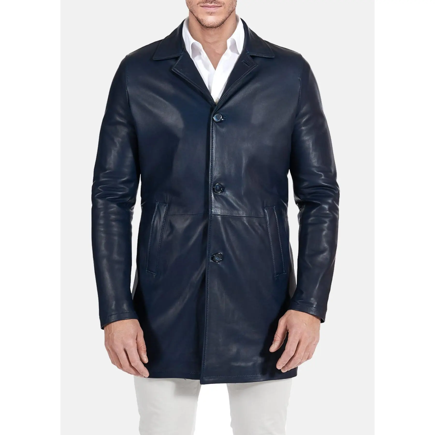 Mens Casual Blue Mid-Length Leather Coat