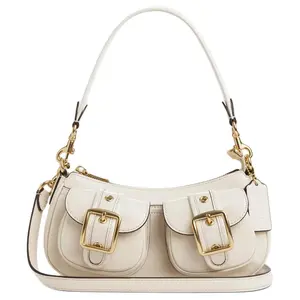 COACH Ashton 25 Detachable Strap Top-Zip Handbag in Patent Leather for Women, Medium Size, Gold and Pearl White