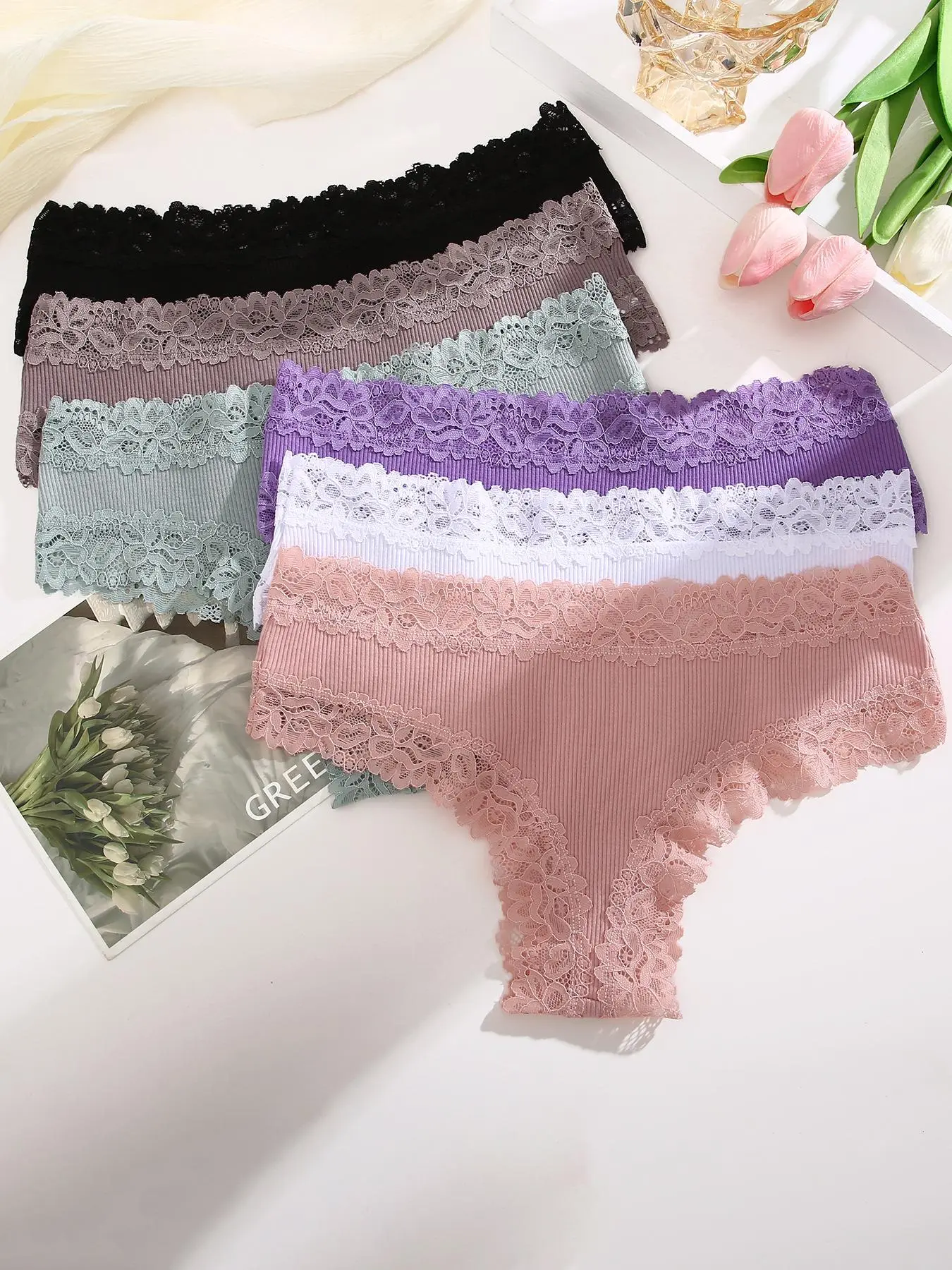 Women's 6pcs Plain Lace Trim Panties, Casual Soft Panties, Comfy Breathable Knickers for Daily Wear, Underwear for Women, Cheeky Panties Multipack, Soft Fit Panty