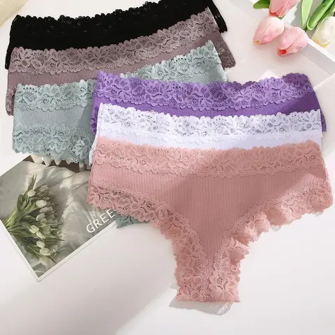 Women's 6pcs Plain Lace Trim Panties, Casual Soft Panties, Comfy Breathable Knickers for Daily Wear, Underwear for Women, Cheeky Panties Multipack, Casual Elegant Panty