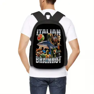 Italian Brainrot Printed Commuter Backpack - Stylish Black Ergonomic Decompression Shoulder Straps with Laptop Compartment, Adjustable Straps & Zipper Closure for Daily Commuting & Travel, Travel Backpack, Vibrant Print, Polyester Lining, For Teenager