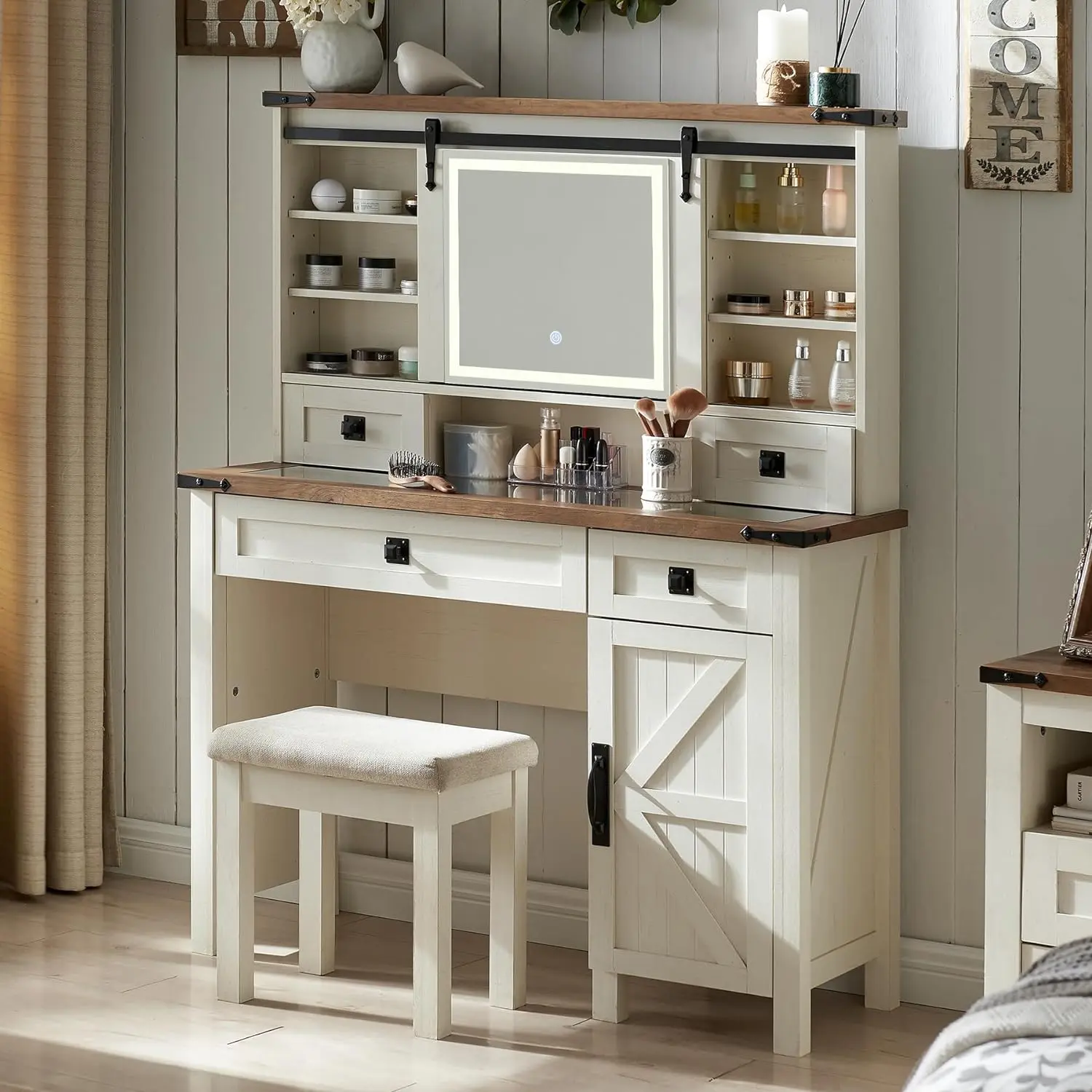 OKD Farmhouse Makeup Vanity Desk with Sliding Mirror and Lights, 42'' Glass Tabletop Vanity Table with 2 Drawers & Shelves, Rustic Big Vanity Set for Bedroom, Stool Included. Modern Makeup Vanities electric t screwdriver makeupvanitytableset