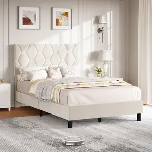 Heavy-Duty Bed Frame with Upholstered Headboard – Adjustable Headboard Platform Bed, Strong Wood Slat Support, No Box Spring Needed, Noise-Free, Easy Assembly