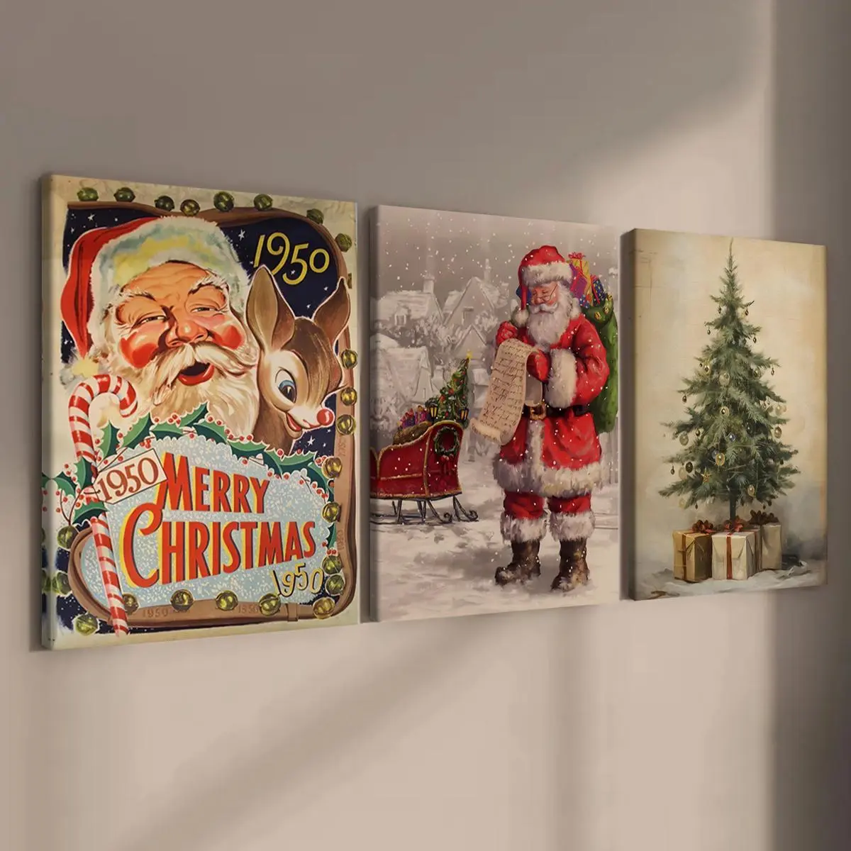 Wooden Framed Canvas Painting, 3 Counts/set Creative Vintage Santa Claus Pattern Wall Art, Wall Decor for Home Living Room Bedroom Office