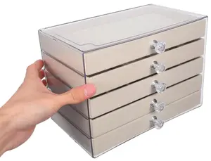 Transparent Acrylic Jewelry Organizer with Velvet-Lined Compartments Stackable Storage Box for Rings Necklaces Bracelets and Earrings Ideal for Dresser Vanity Quick Access & Space-Saving Design