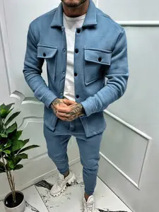 Men's Suede Long Sleeve Jacket & Pants Set, Matching, Button Front Pocket Design, Fall Winter Windproof Warmth, Business Casual Fitted Elastic Fabric Two-Piece